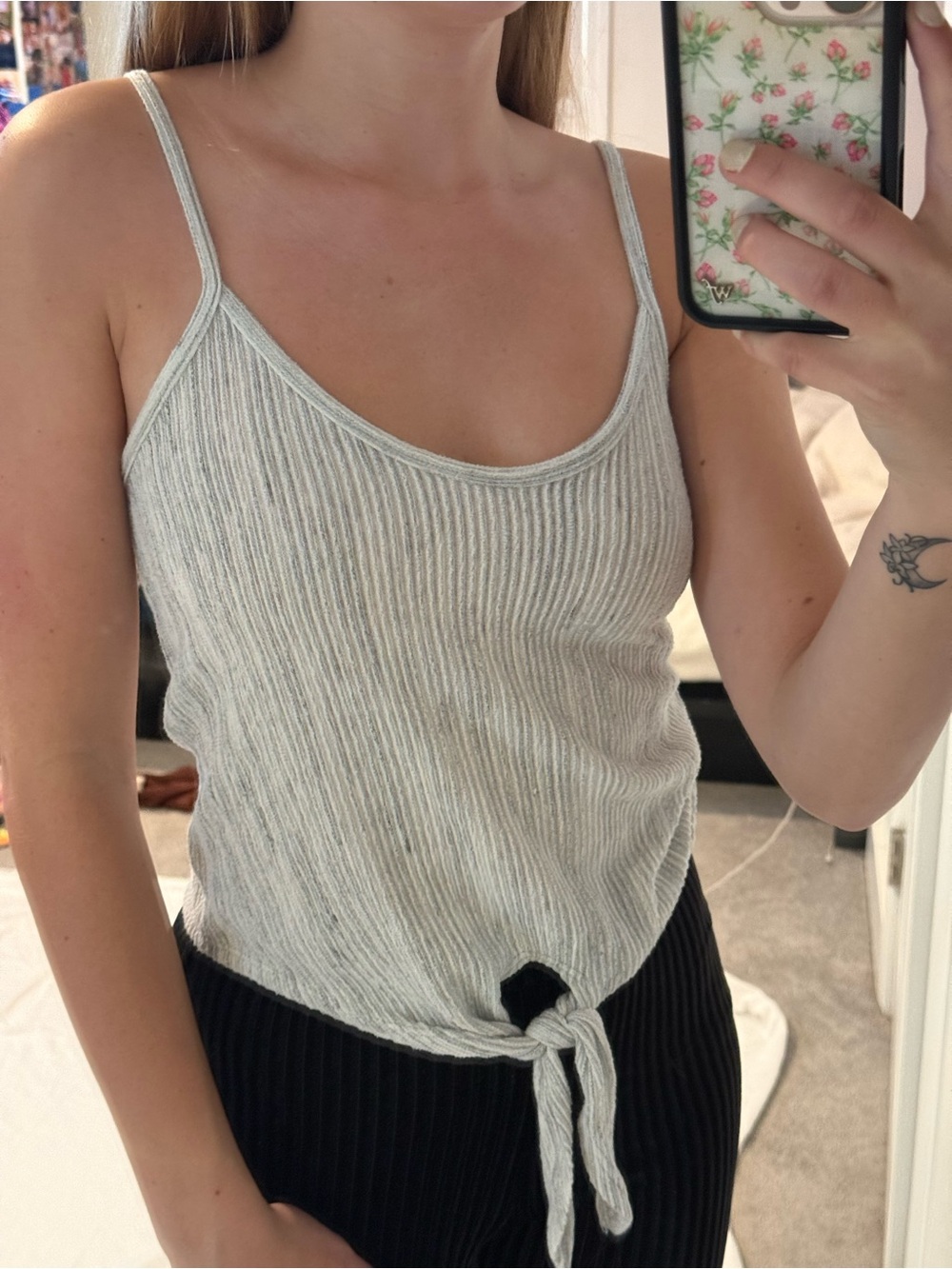 Caution To The Wind Light Gray Ribbed Tie-Front Tank